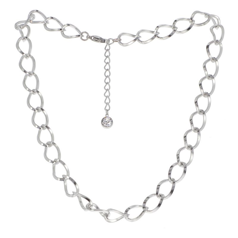 Collier en acier argenté chaîne grosse maille, chaînette réglable avec pierre Crystal Swarovski