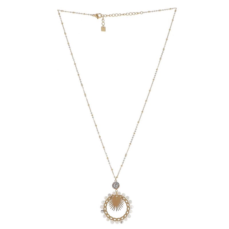 Collier en acier doré avec un pendentif orné de perles naturelles Agate blanc et pierre Crystal Swarovski, chaînette réglable