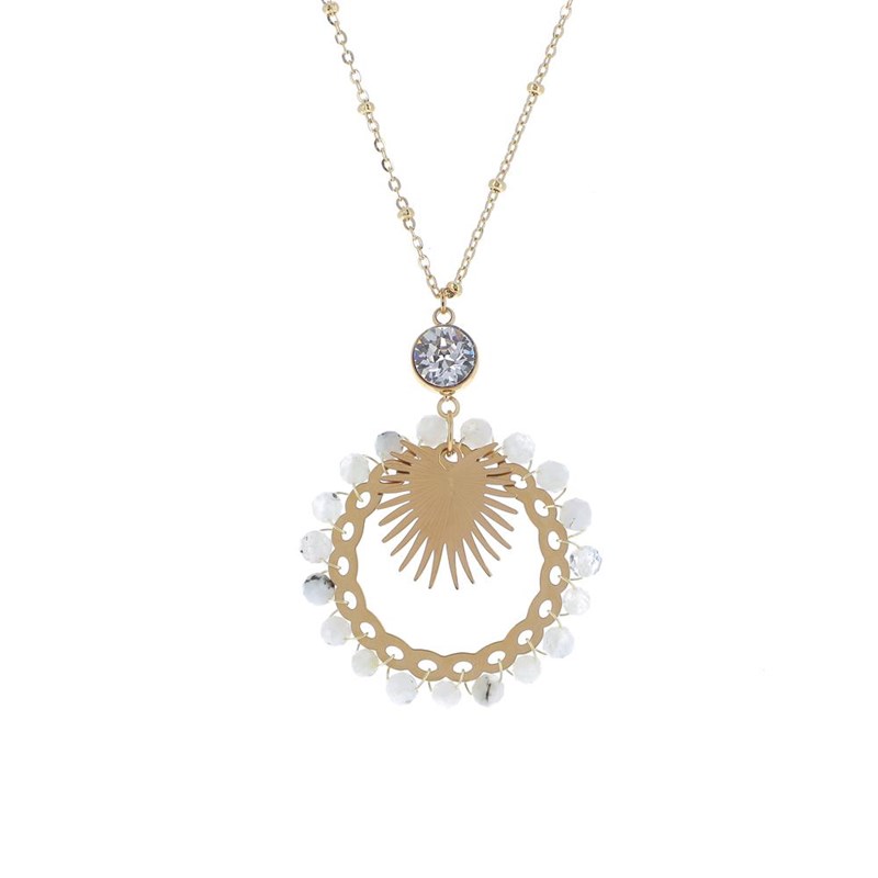 Collier en acier doré avec un pendentif orné de perles naturelles Agate blanc et pierre Crystal Swarovski, chaînette réglable - vue 2