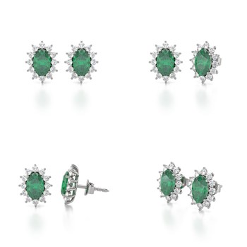 Boucles d'oreilles ADEN Or 585 Blanc et Emeraude Forme Marquise 1.4grs