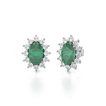 Boucles d'oreilles ADEN Or 585 Blanc et Emeraude Forme Marquise 1.4grs