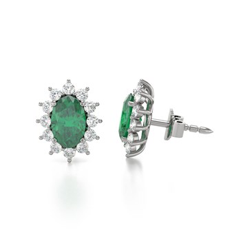 Boucles d'oreilles ADEN Or 585 Blanc et Emeraude Forme Marquise 1.4grs