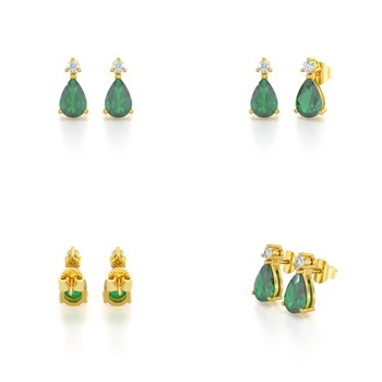 Boucles d'oreilles ADEN Or 585 Jaune Emeraude forme Poire et Diamants 1.15grs