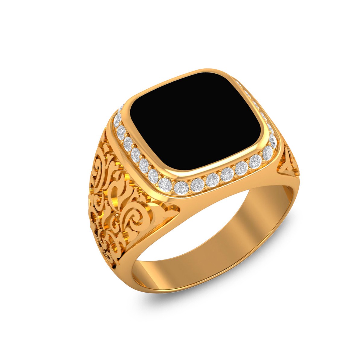 Bijoux Homme : Bague Or Jaune, Onyx et Diamants 10.08grs - Cadeau Parfait pour Toutes Occasions | Aden