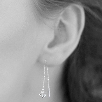 Sea anchor earrings with dangling chain, 925 Rhodium-plated silver