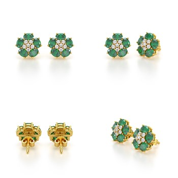 Boucles d'oreilles ADEN Or 585 Jaune et Emeraude Fleur 2.86grs