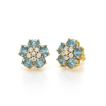 Boucles d'oreilles ADEN Or 585 Jaune Aigue-Marine Fleur et Diamants 2.86grs