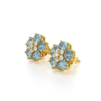 Boucles d'oreilles ADEN Or 585 Jaune Aigue-Marine Fleur et Diamants 2.86grs