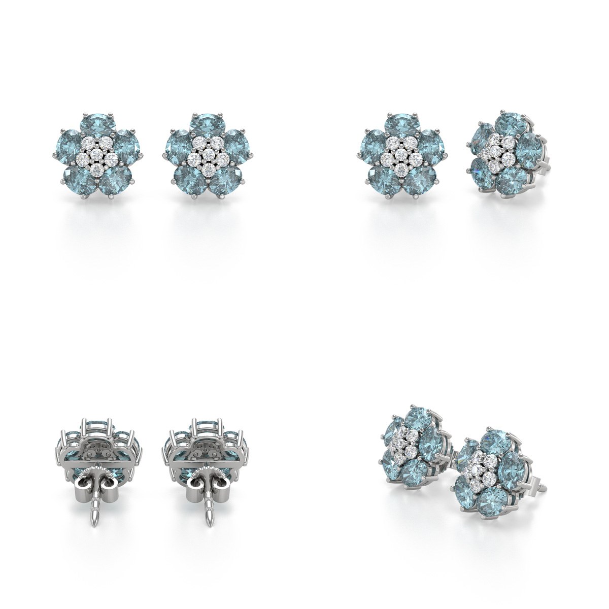 Boucles d'oreilles ADEN Or 585 Blanc Aigue-Marine Fleur et Diamants 2.86grs - vue 2