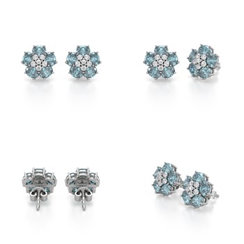 Boucles d'oreilles ADEN Or 585 Blanc Aigue-Marine Fleur et Diamants 2.86grs