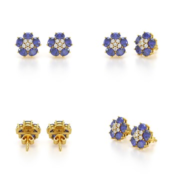 Boucles d'oreilles ADEN Or 585 Jaune Tanzanite Fleur et Diamants 2.86grs