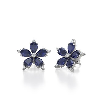 Boucles d'oreilles ADEN Or 585 Blanc Fleur Saphir 4.52grs