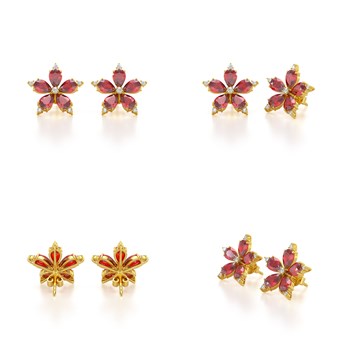 Boucles d'oreilles ADEN Or 585 Jaune Fleur Rubis et Diamants 4.52grs