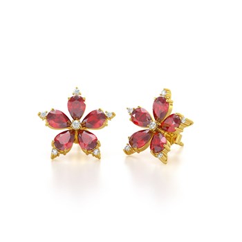 Boucles d'oreilles ADEN Or 585 Jaune Fleur Rubis et Diamants 4.52grs