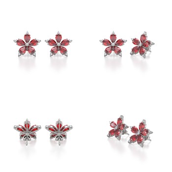Boucles d'oreilles ADEN Or 585 Blanc Fleur Rubis et Diamants 4.52grs