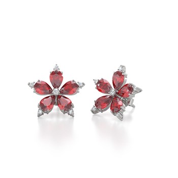 Boucles d'oreilles ADEN Or 585 Blanc Fleur Rubis et Diamants 4.52grs