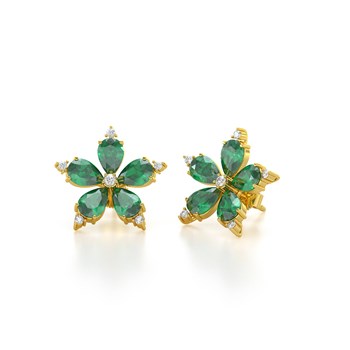 Boucles d'oreilles ADEN Or 585 Jaune Fleur Emeraude et Diamants 4.52grs