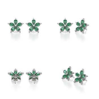 Boucles d'oreilles ADEN Or 585 Blanc Fleur Emeraude et Diamants 4.52grs