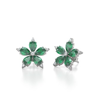 Boucles d'oreilles ADEN Or 585 Blanc Fleur Emeraude et Diamants 4.52grs