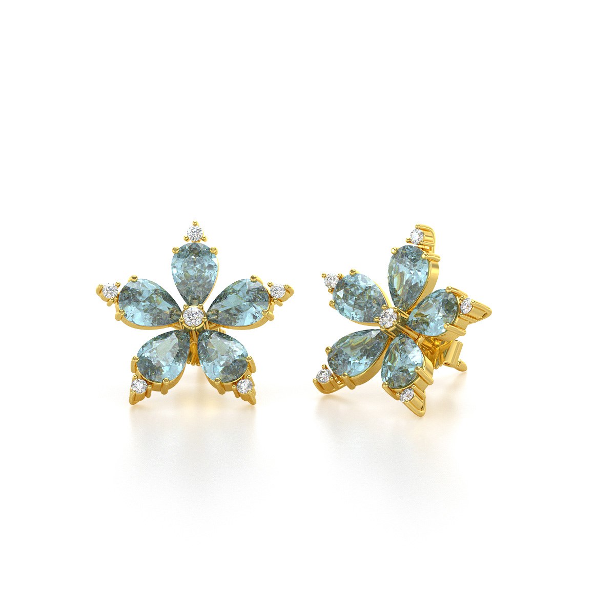 Boucles d'oreilles ADEN Or 585 Jaune Fleur Aigue-Marine et Diamants 4.52grs - vue 3