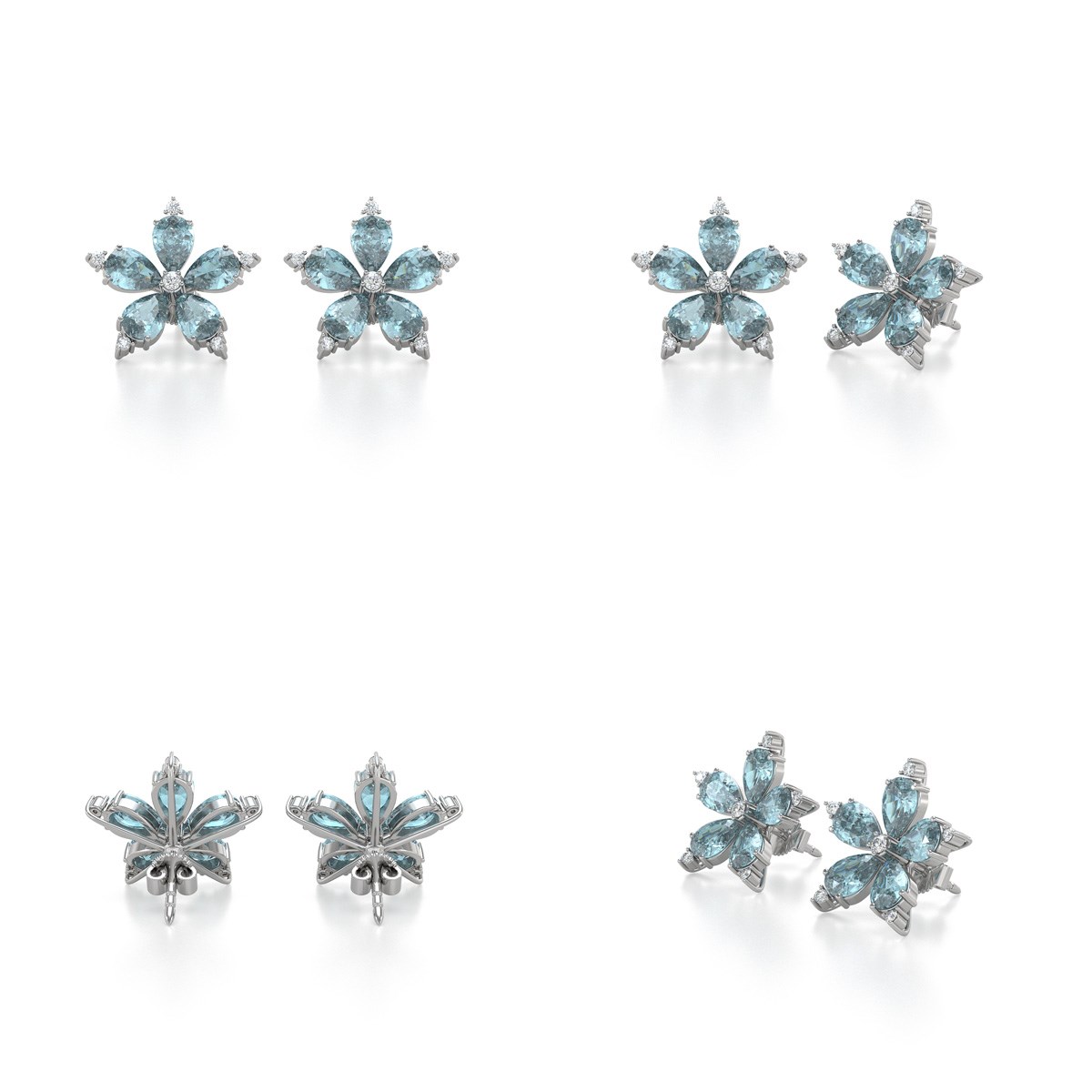 Boucles d'oreilles ADEN Or 585 Blanc Fleur Aigue-Marine et Diamants 4.52grs - vue 2