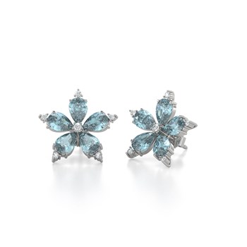 Boucles d'oreilles ADEN Or 585 Blanc Fleur Aigue-Marine et Diamants 4.52grs