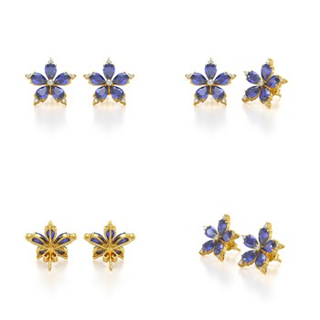 Boucles d'oreilles ADEN Or 585 Jaune Fleur Tanzanite et Diamants 4.52grs