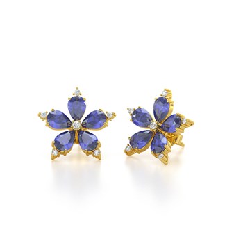Boucles d'oreilles ADEN Or 585 Jaune Fleur Tanzanite et Diamants 4.52grs