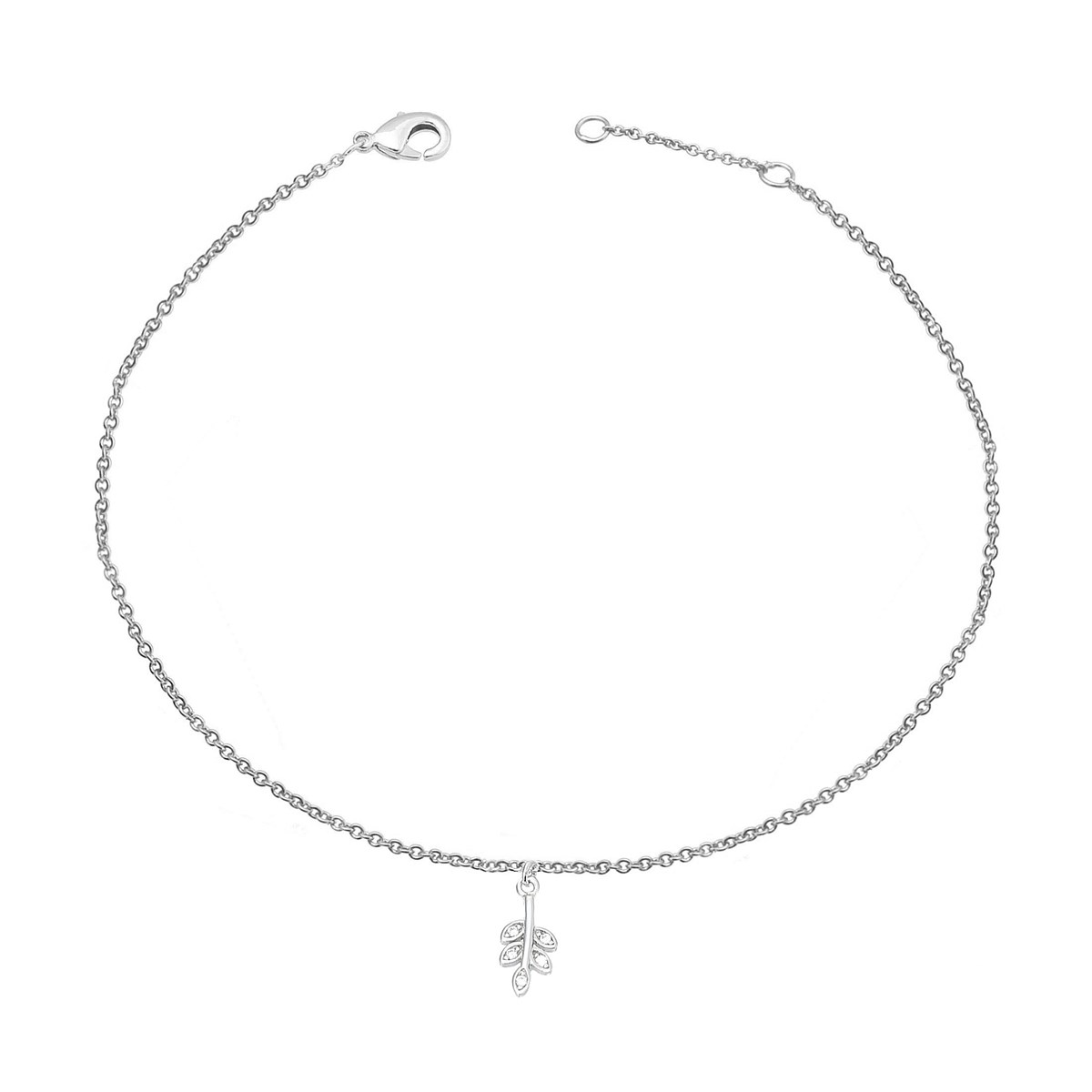 Chaîne de cheville petite feuille pendante sertie d'oxyde de zirconium Argent 925 Rhodié