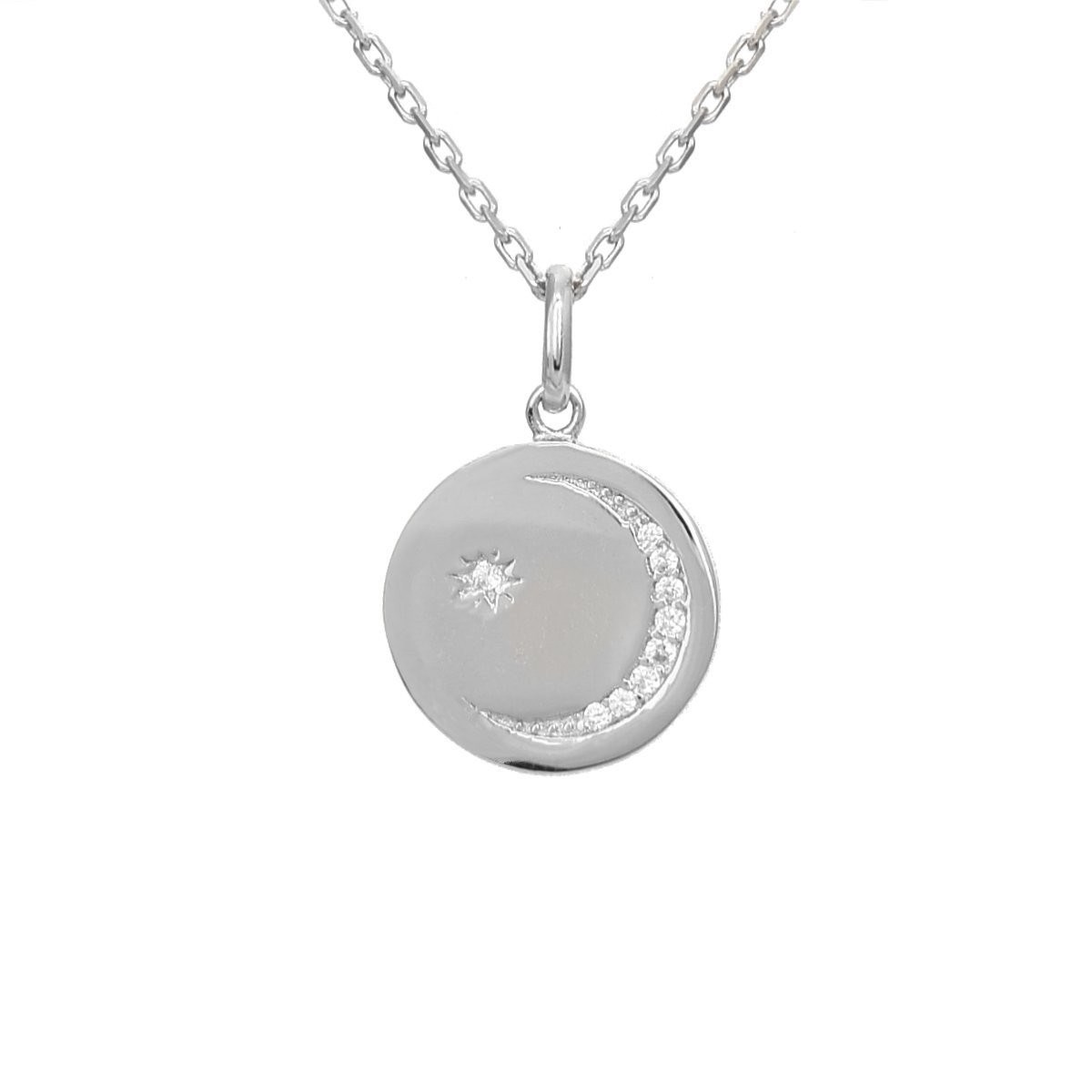 Collier médaille étoile et lune d'oxyde de zirconium Argent 925 Rhodié