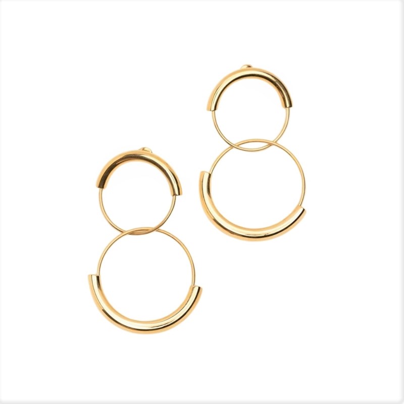 Boucles d'oreilles pendantes avec deux anneaux en acier dorées