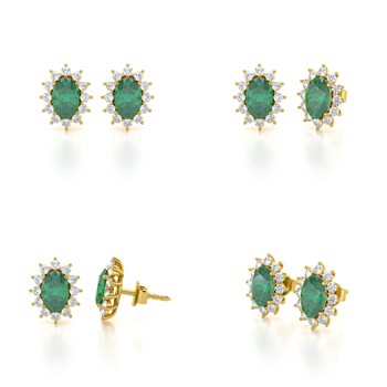 Boucles d'oreilles ADEN Or 585 Jaune et Emeraude Forme Marquise 1.4grs