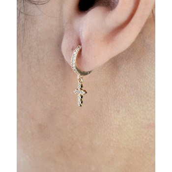 Earrings Mini Creoles cross zirconium oxide pendant Gold plated 750 3 microns