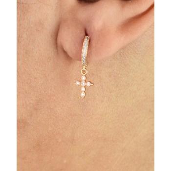 Earrings Mini Creoles cross zirconium oxide pendant Gold plated 750 3 microns