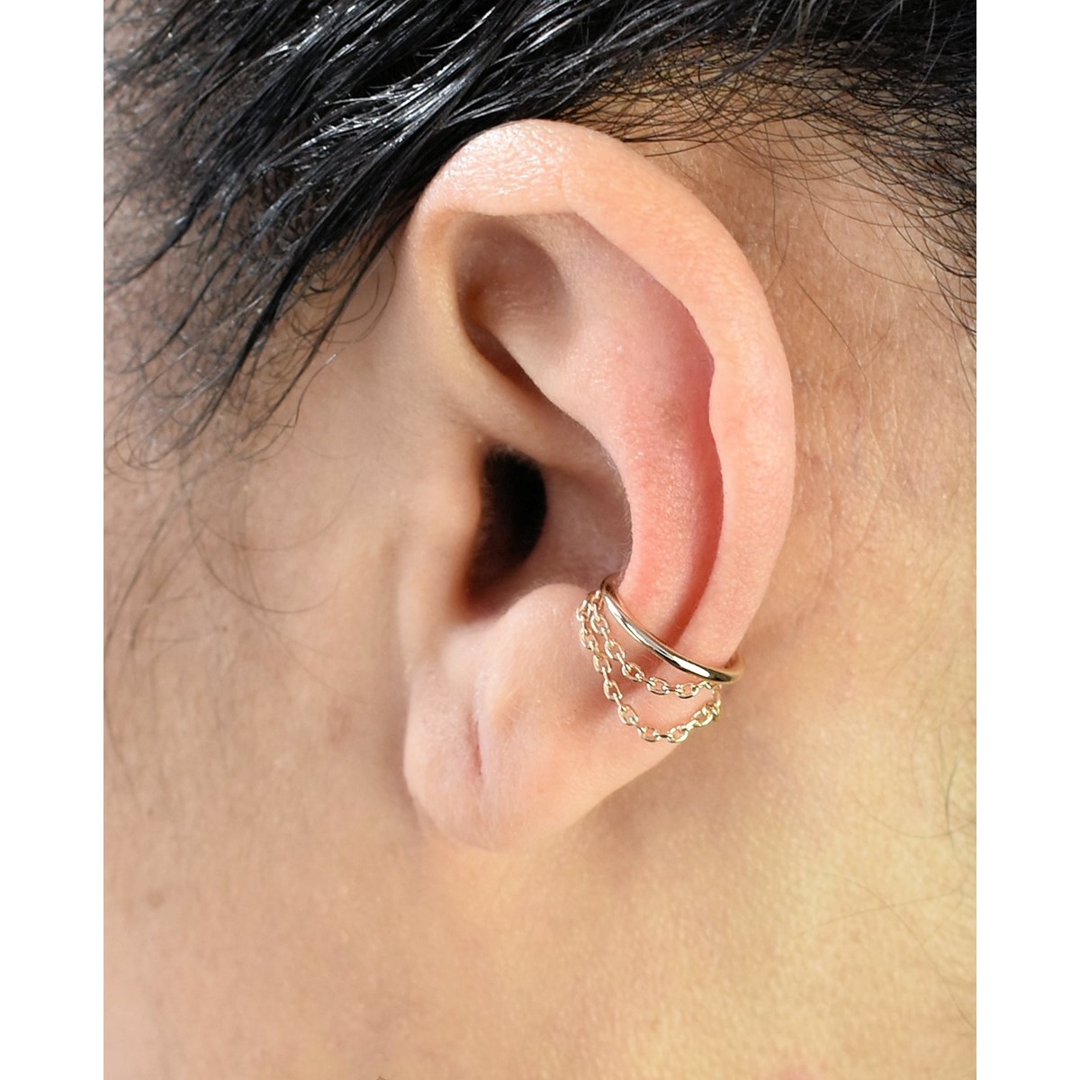 Clip d'oreille earcuff 2 chainettes pendantes Plaqué OR 750 3 microns - vue 3