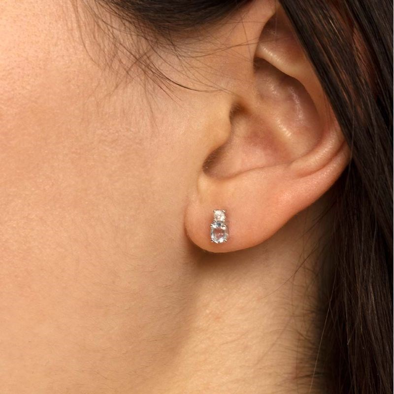 Boucles d'oreilles Or Blanc Diamant et Topaze - vue 2