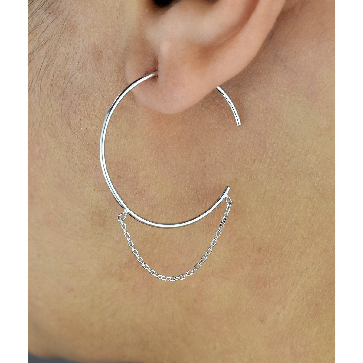 Boucles d'oreilles créoles ouvertes chaînettes pendantes Argent 925 Rhodié - vue 2