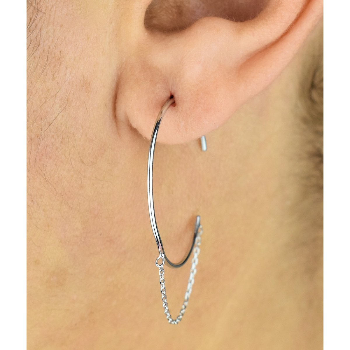 Boucles d'oreilles créoles ouvertes chaînettes pendantes Argent 925 Rhodié - vue 3