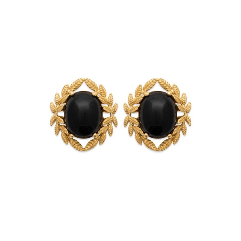 Boucles d'oreilles couronne de lauriers pierre naturelle Agate noire Plaqué or 750 3 microns