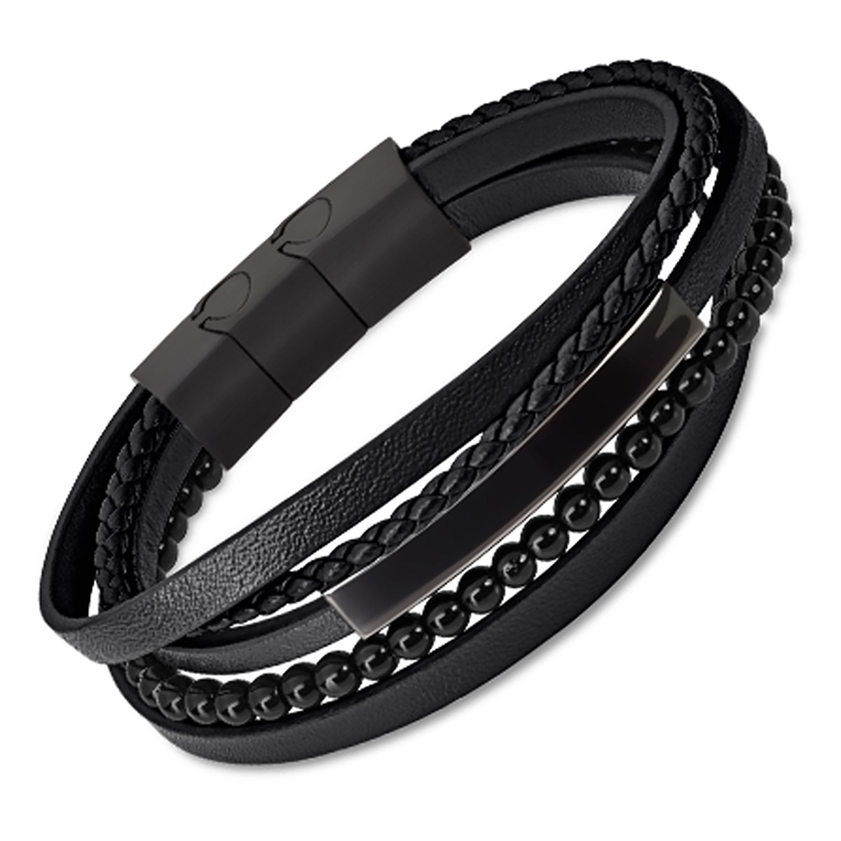 Bracelet homme Lotus multirang cuir noir acier