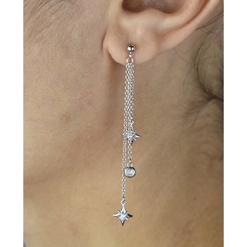 Zirconium oxide star earrings 3 dangling chains Silver 925 Rhodium