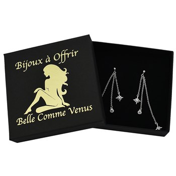 Zirconium oxide star earrings 3 dangling chains Silver 925 Rhodium