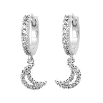 Boucles d'oreilles Mini Créoles lune oxyde de zirconium pendante Argent 925 Rhodié