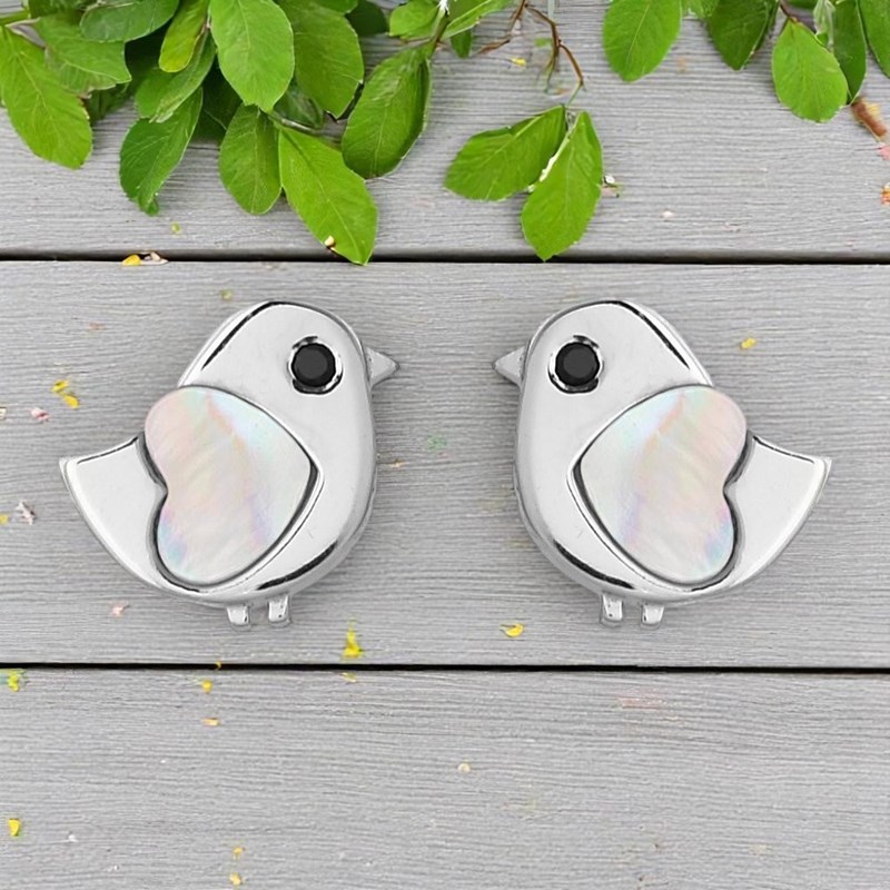 Boucles d'oreilles oiseau coeur de nacre oeil oxyde de zirconium noir Argent 925 Rhodié - vue 4