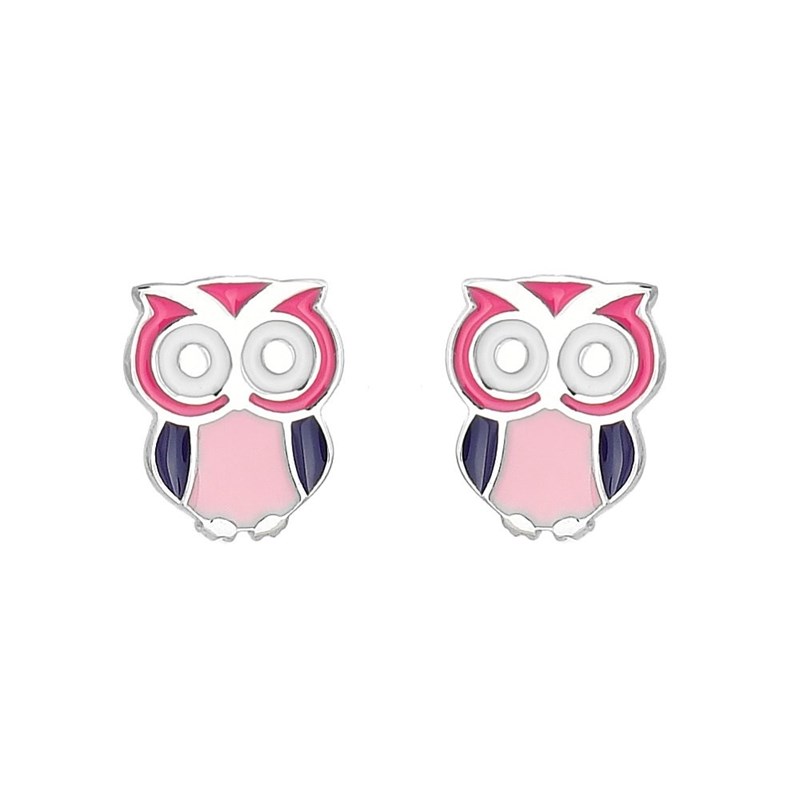 Boucles d'oreilles hibou émail coloré Argent 925 Rhodié