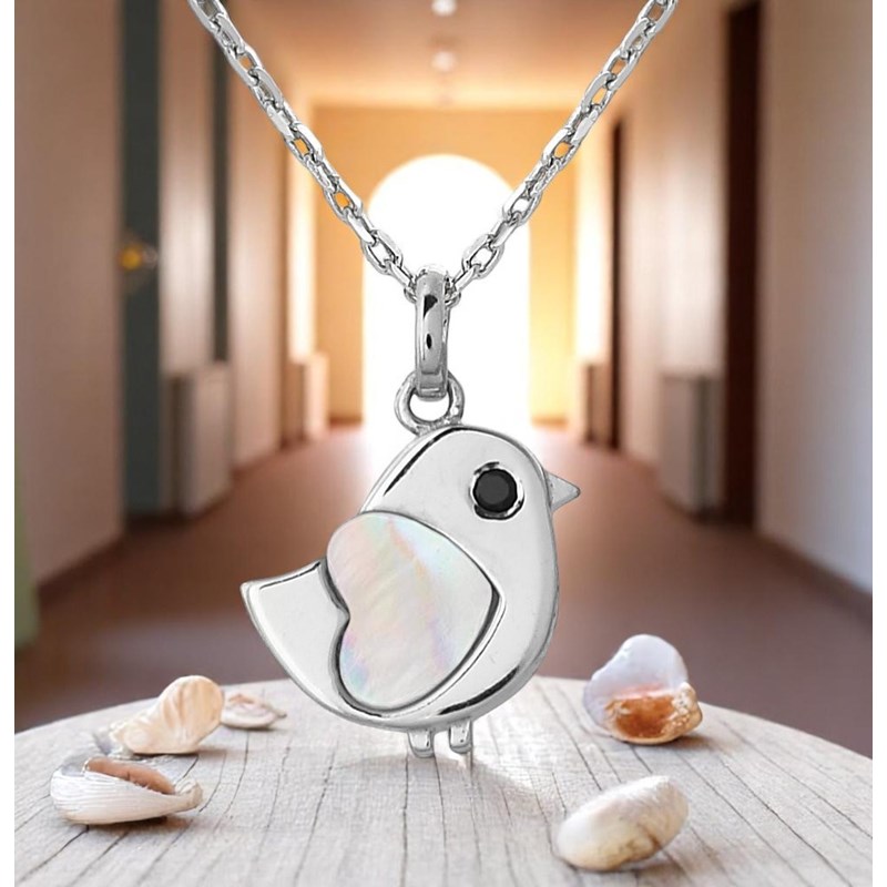 Collier oiseau coeur de nacre oeil oxyde de zirconium noir Argent 925 Rhodié - vue 4