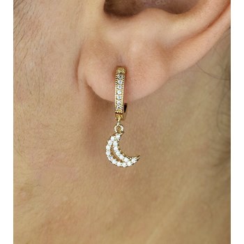 Boucles d'oreilles Mini Créoles lune oxyde de zirconium pendante Plaqué or 750 3 microns