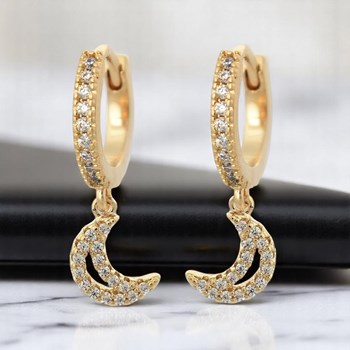 Boucles d'oreilles Mini Créoles lune oxyde de zirconium pendante Plaqué or 750 3 microns