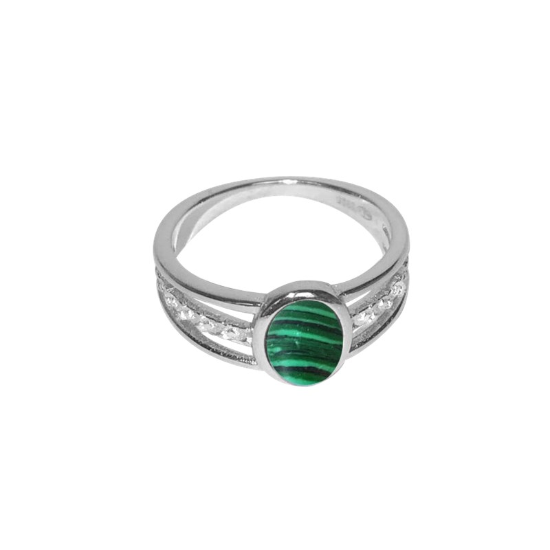 Bague en argent 925 rhodié et pierre reconstituée 'malachite'