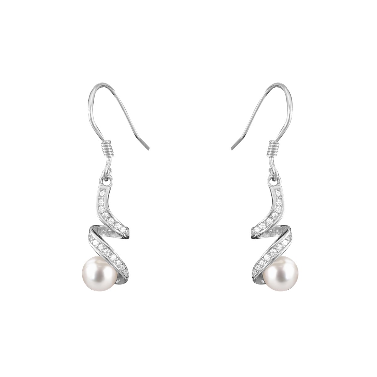 Boucles d'oreilles perle blanche en argent 925 rhodié avec oxydes de zirconium